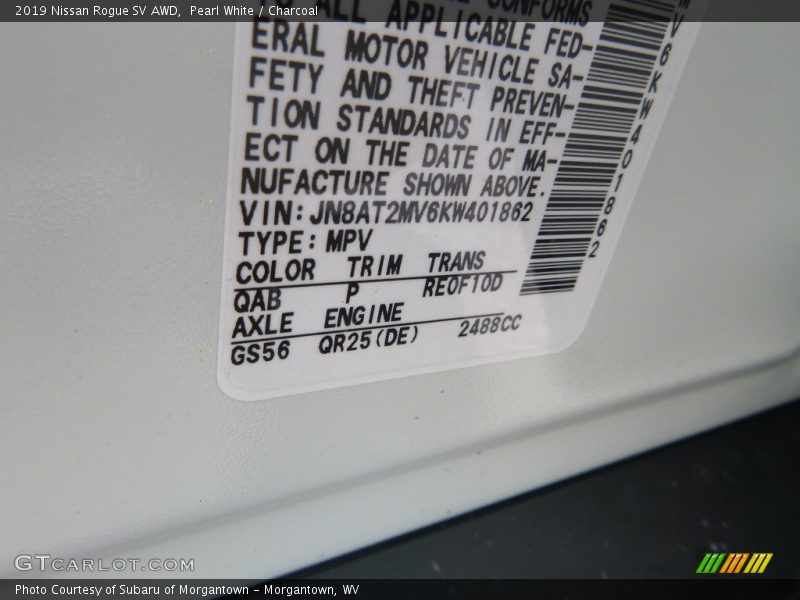 2019 Rogue SV AWD Pearl White Color Code QAB