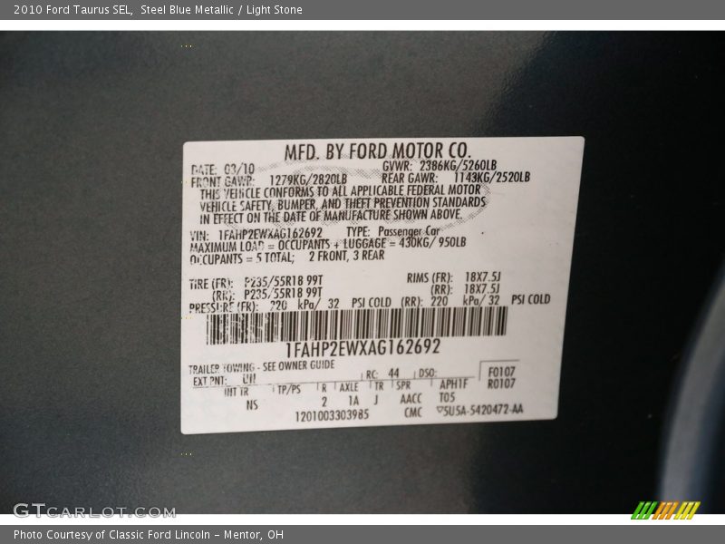 Steel Blue Metallic / Light Stone 2010 Ford Taurus SEL
