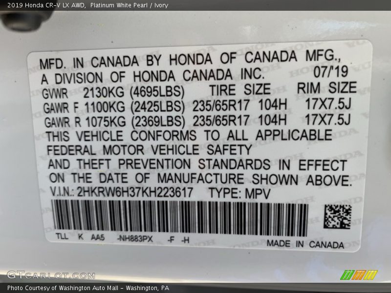 Platinum White Pearl / Ivory 2019 Honda CR-V LX AWD