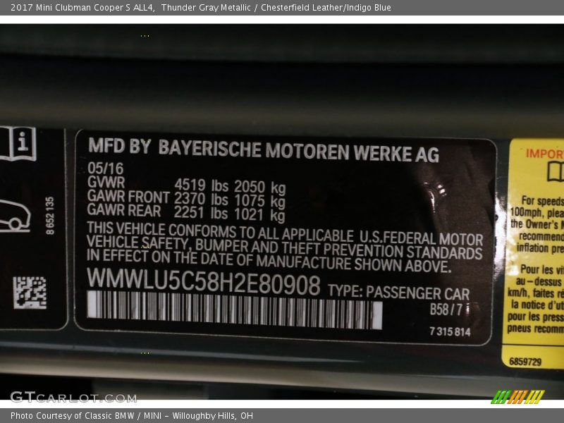 Thunder Gray Metallic / Chesterfield Leather/Indigo Blue 2017 Mini Clubman Cooper S ALL4