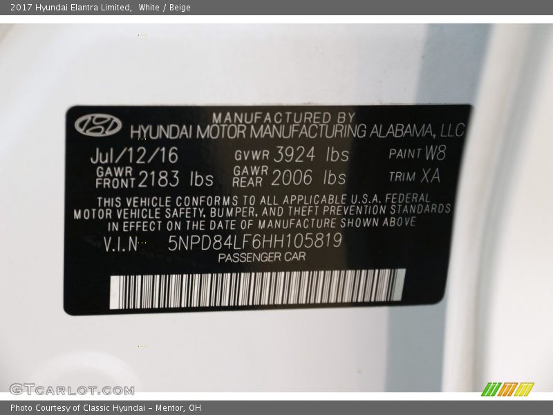 White / Beige 2017 Hyundai Elantra Limited