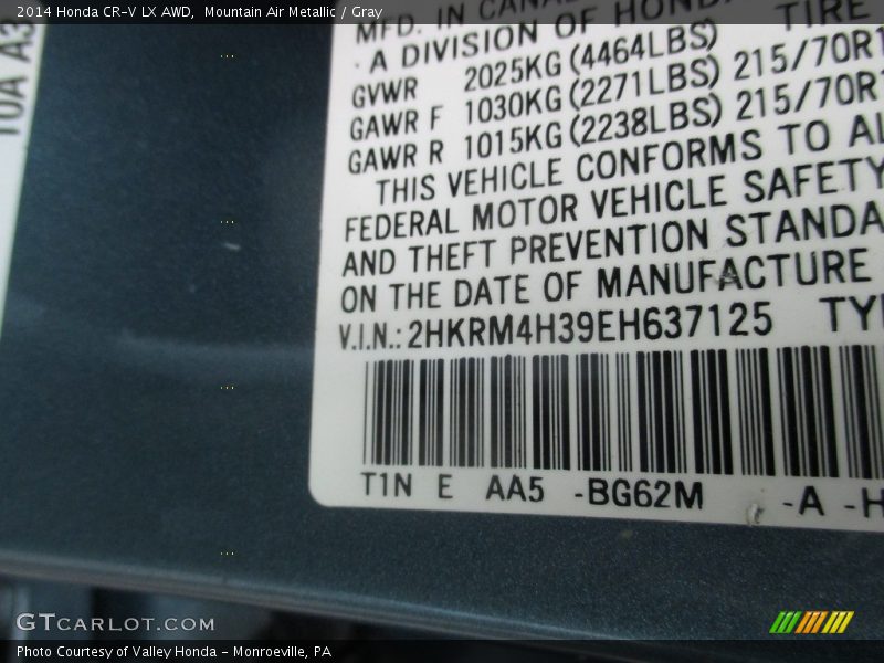 Mountain Air Metallic / Gray 2014 Honda CR-V LX AWD