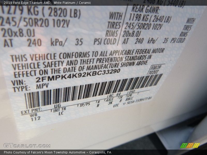 White Platinum / Ceramic 2019 Ford Edge Titanium AWD