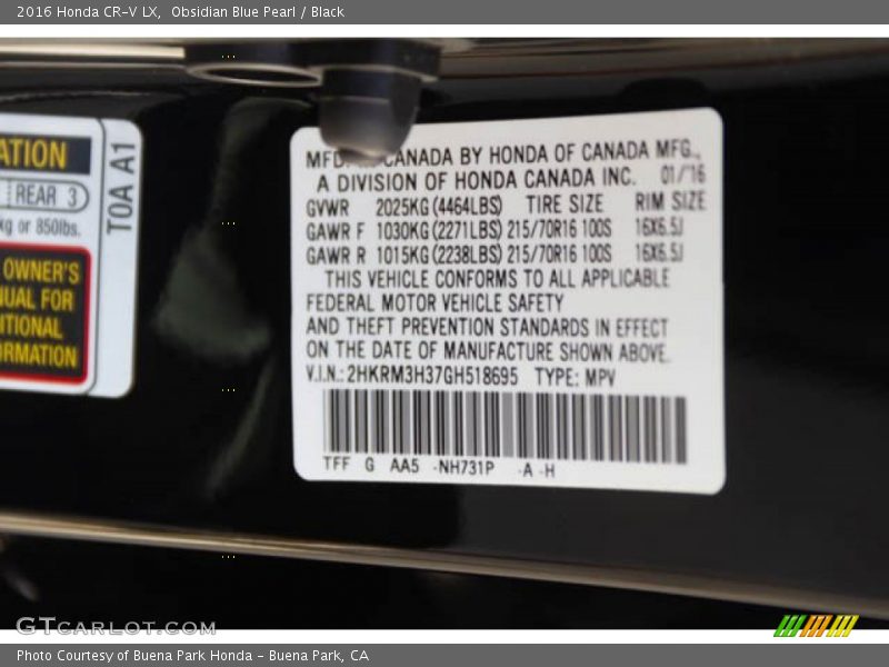 Obsidian Blue Pearl / Black 2016 Honda CR-V LX
