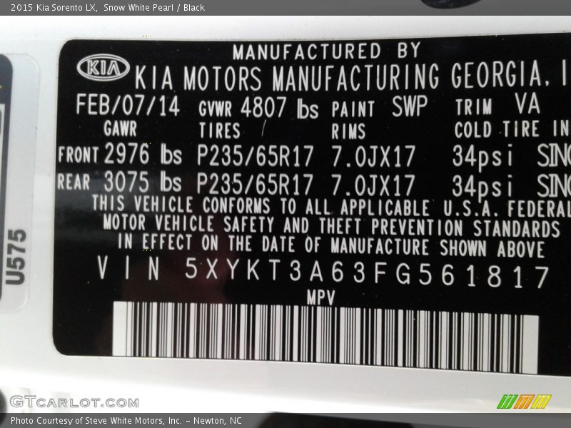 Snow White Pearl / Black 2015 Kia Sorento LX