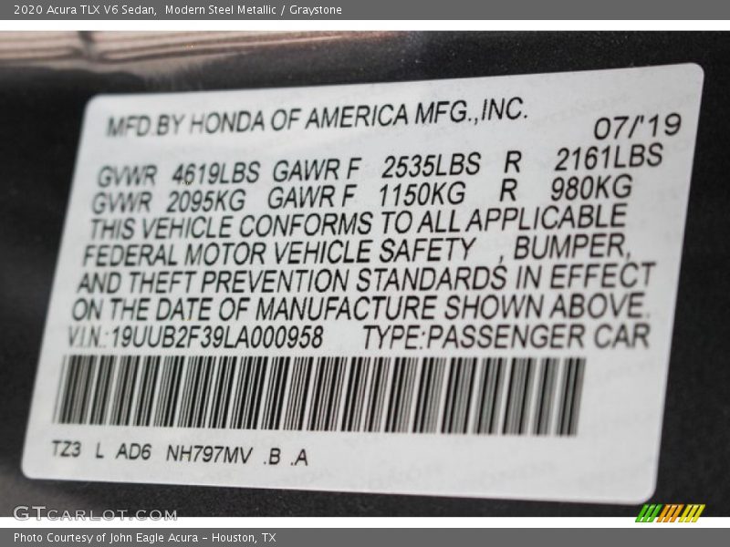 2020 TLX V6 Sedan Modern Steel Metallic Color Code NH797MV