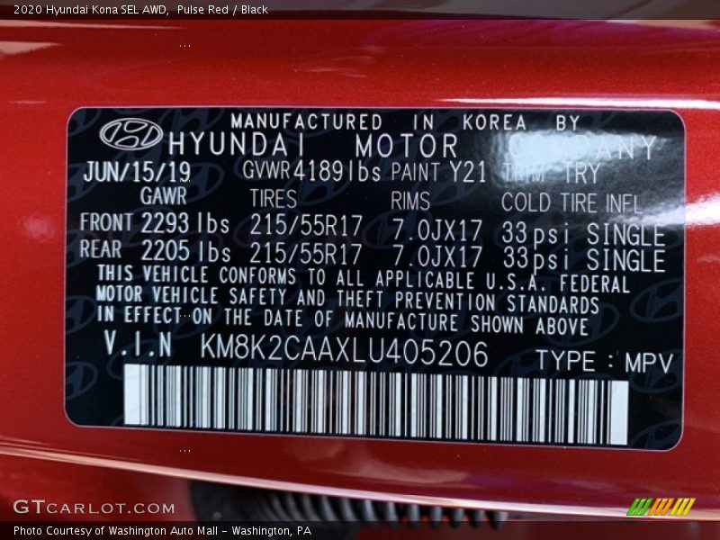 Pulse Red / Black 2020 Hyundai Kona SEL AWD