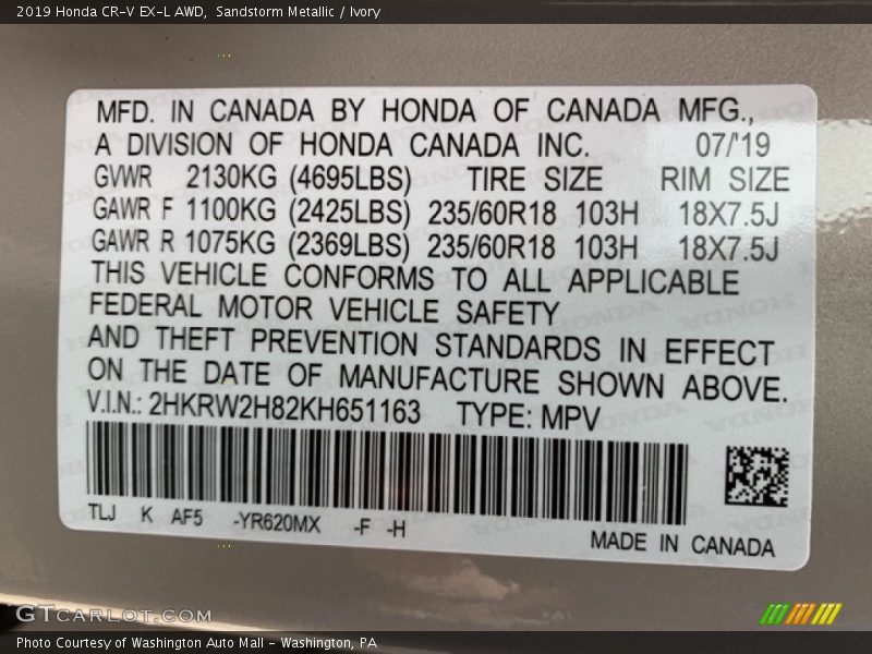 Sandstorm Metallic / Ivory 2019 Honda CR-V EX-L AWD