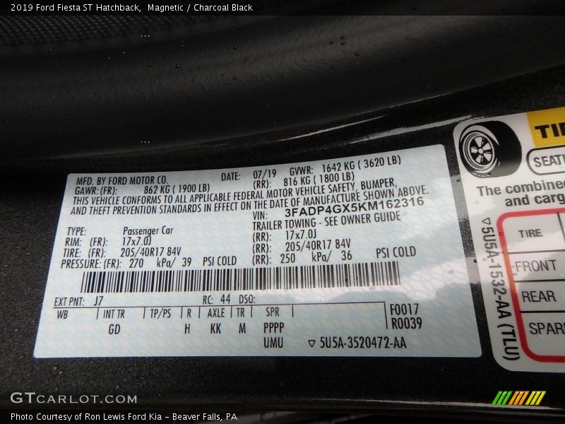 2019 Fiesta ST Hatchback Magnetic Color Code J7