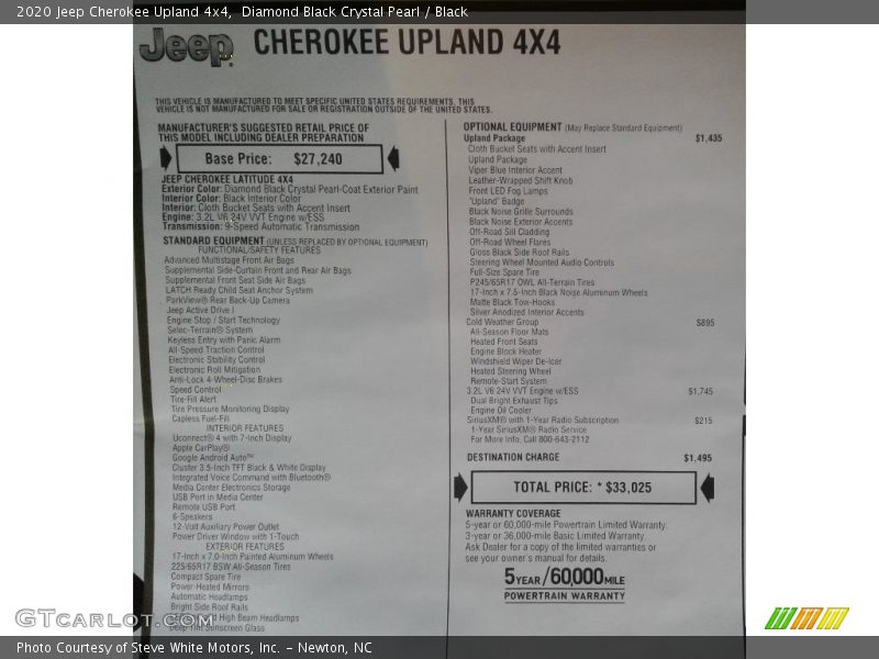  2020 Cherokee Upland 4x4 Window Sticker