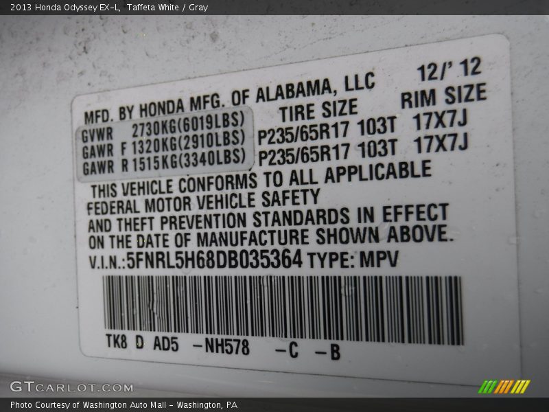 Taffeta White / Gray 2013 Honda Odyssey EX-L