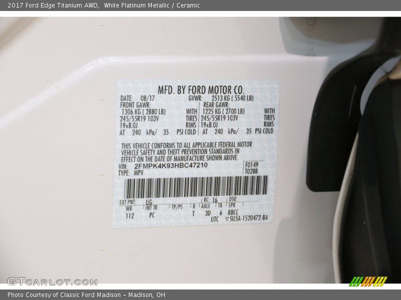 White Platinum Metallic / Ceramic 2017 Ford Edge Titanium AWD