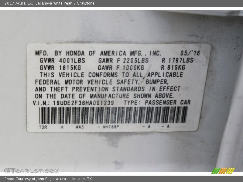 Bellanova White Pearl / Graystone 2017 Acura ILX