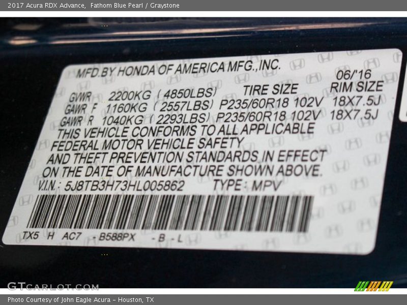Fathom Blue Pearl / Graystone 2017 Acura RDX Advance
