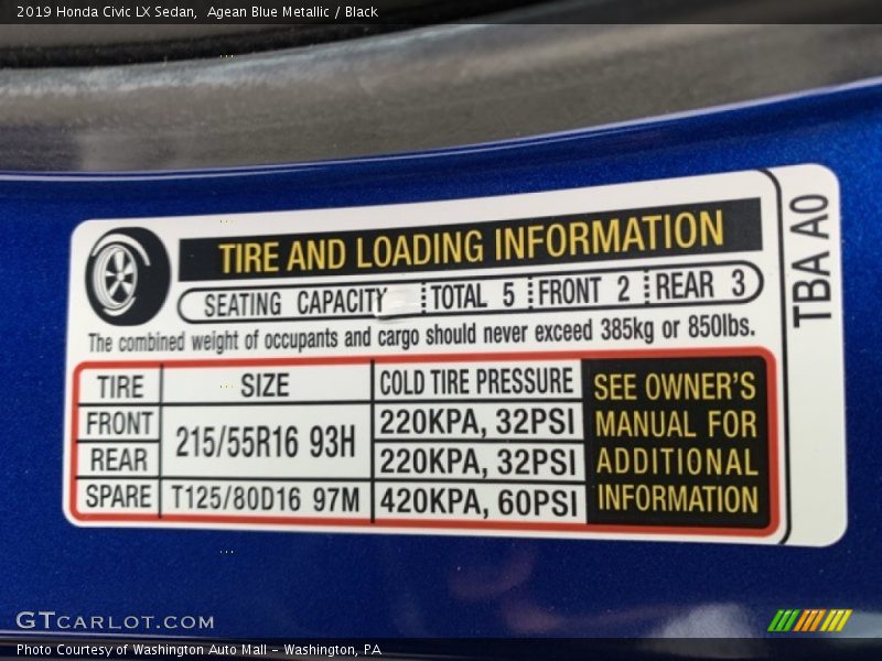 Agean Blue Metallic / Black 2019 Honda Civic LX Sedan