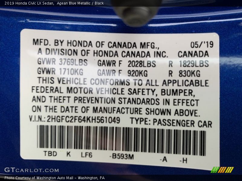 Agean Blue Metallic / Black 2019 Honda Civic LX Sedan