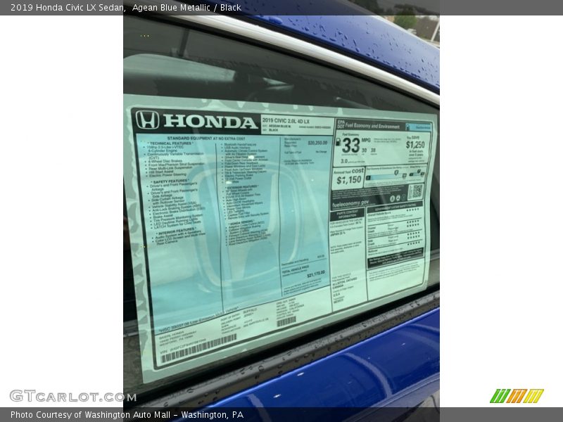 Agean Blue Metallic / Black 2019 Honda Civic LX Sedan