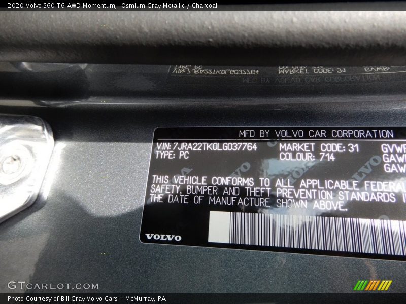 2020 S60 T6 AWD Momentum Osmium Gray Metallic Color Code 714