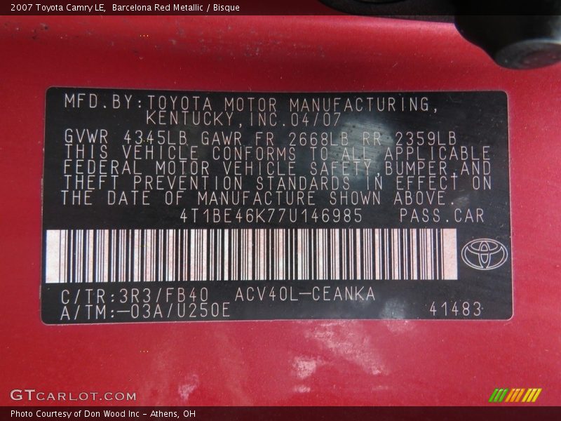 Barcelona Red Metallic / Bisque 2007 Toyota Camry LE