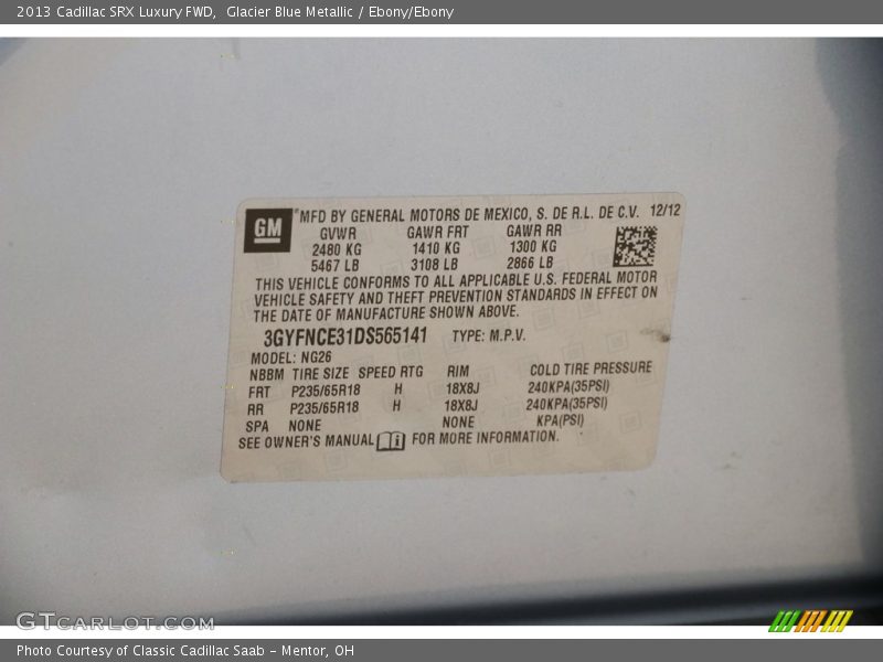 Glacier Blue Metallic / Ebony/Ebony 2013 Cadillac SRX Luxury FWD