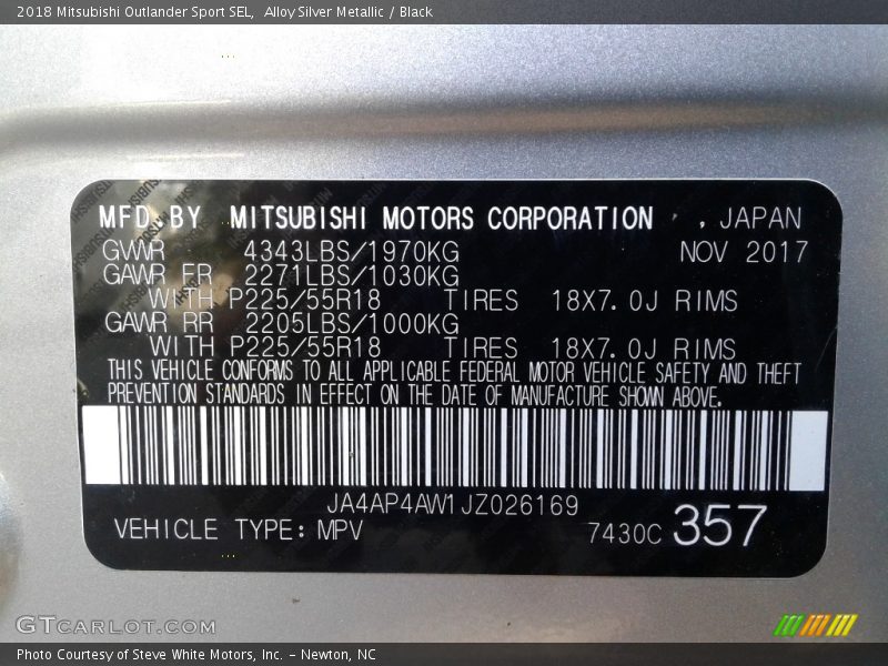 Info Tag of 2018 Outlander Sport SEL