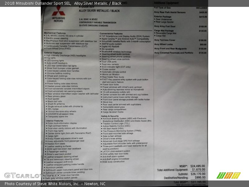  2018 Outlander Sport SEL Window Sticker