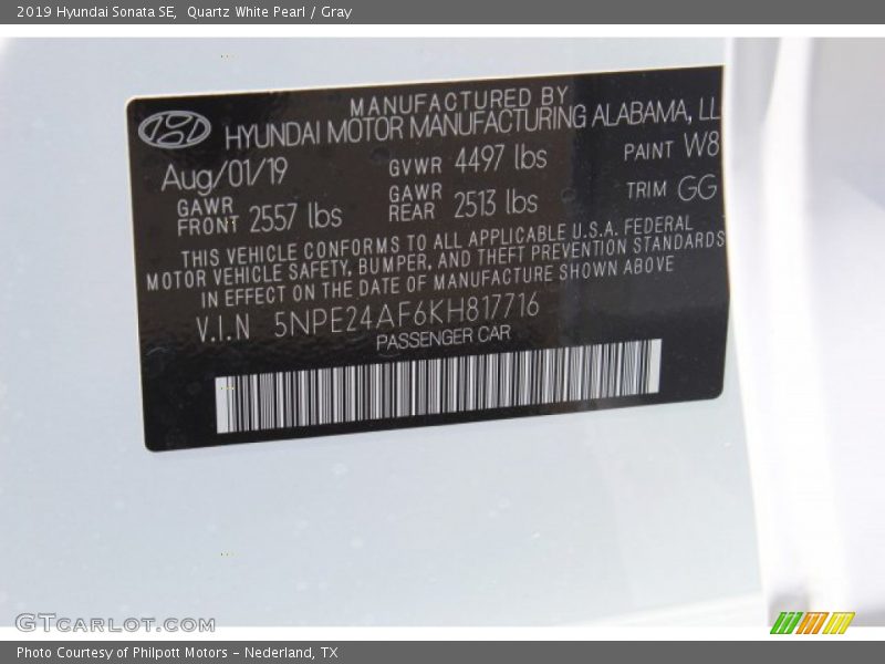 Quartz White Pearl / Gray 2019 Hyundai Sonata SE