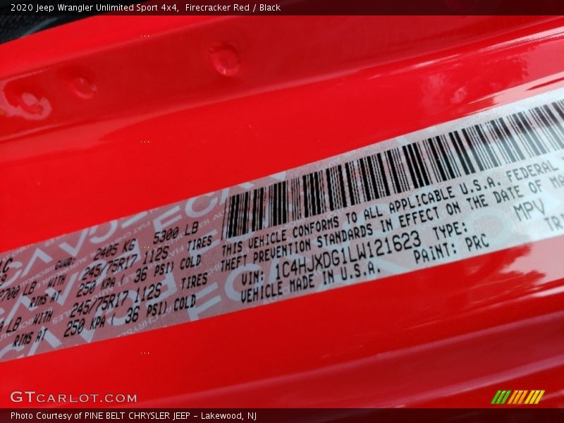 2020 Wrangler Unlimited Sport 4x4 Firecracker Red Color Code PRC