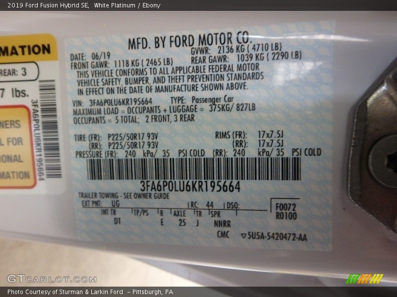 White Platinum / Ebony 2019 Ford Fusion Hybrid SE