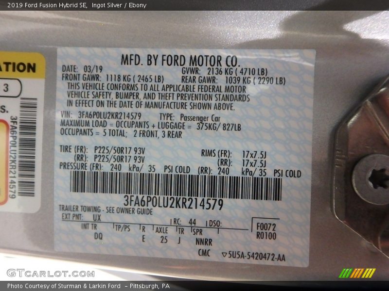 Ingot Silver / Ebony 2019 Ford Fusion Hybrid SE