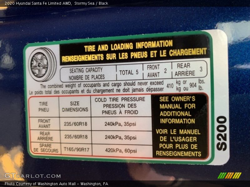 Info Tag of 2020 Santa Fe Limited AWD