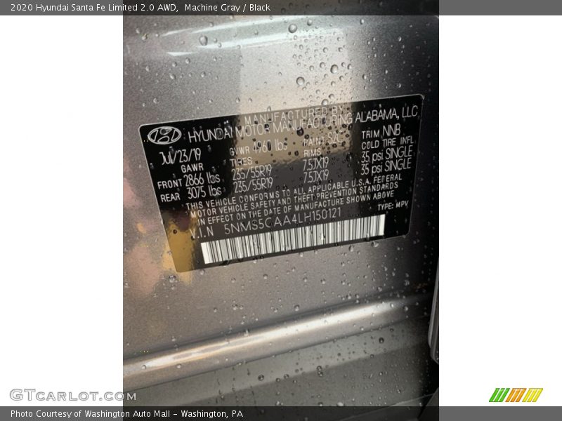 2020 Santa Fe Limited 2.0 AWD Machine Gray Color Code NNB