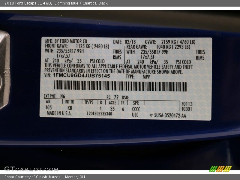 Lightning Blue / Charcoal Black 2018 Ford Escape SE 4WD