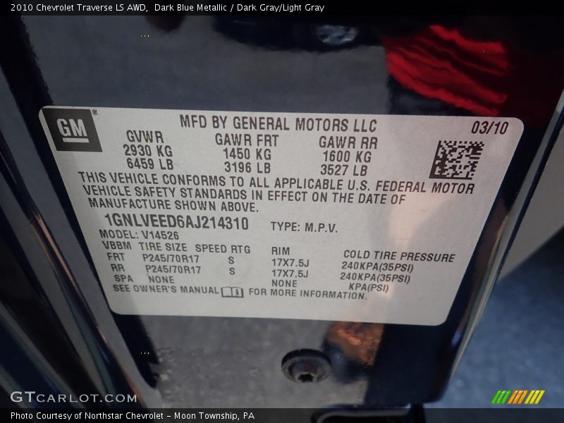 Dark Blue Metallic / Dark Gray/Light Gray 2010 Chevrolet Traverse LS AWD