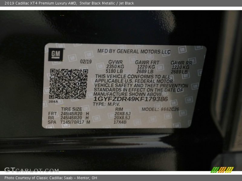Stellar Black Metallic / Jet Black 2019 Cadillac XT4 Premium Luxury AWD