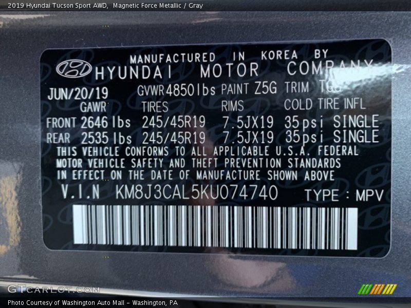 Magnetic Force Metallic / Gray 2019 Hyundai Tucson Sport AWD