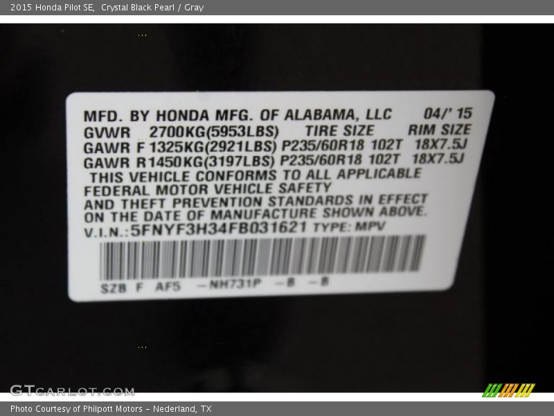 Crystal Black Pearl / Gray 2015 Honda Pilot SE