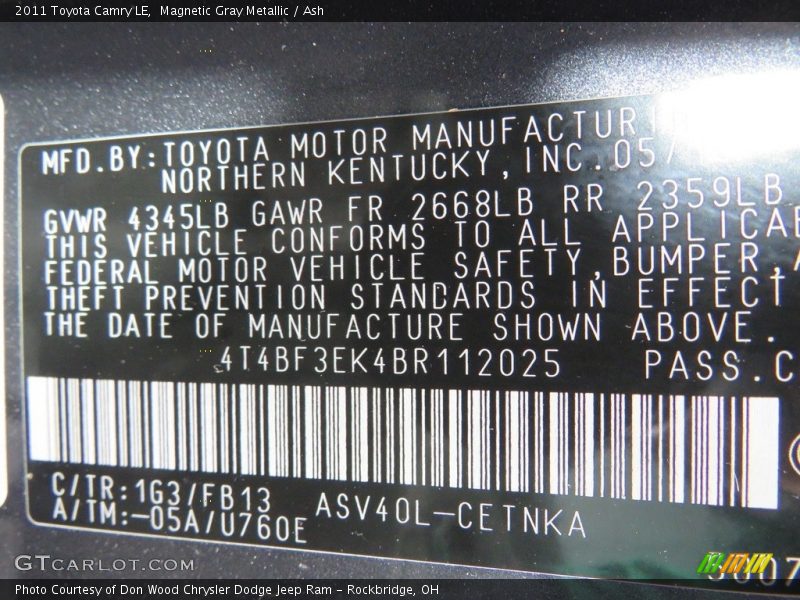 Magnetic Gray Metallic / Ash 2011 Toyota Camry LE