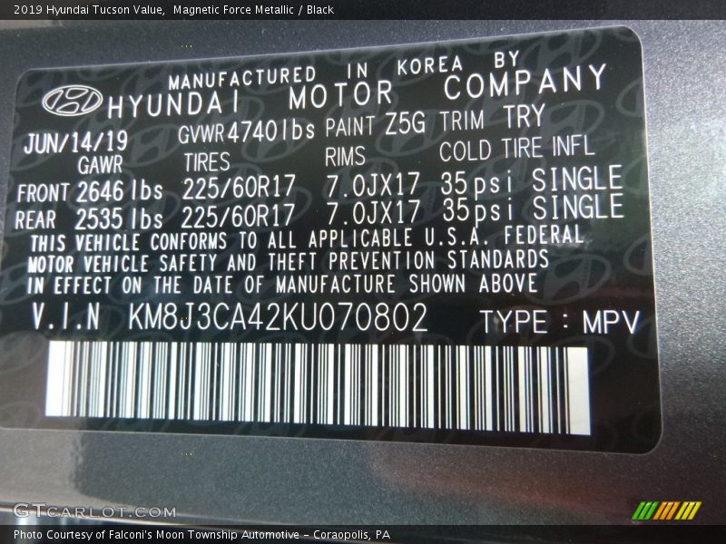 Magnetic Force Metallic / Black 2019 Hyundai Tucson Value