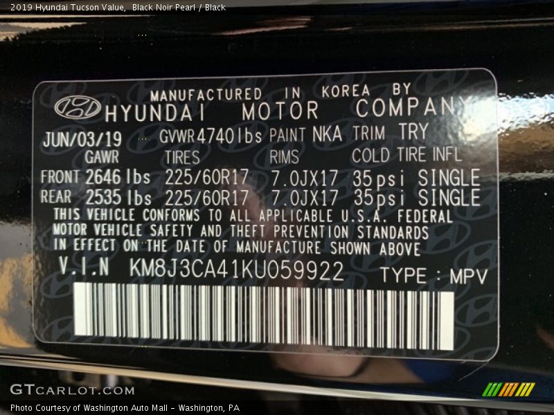 Black Noir Pearl / Black 2019 Hyundai Tucson Value