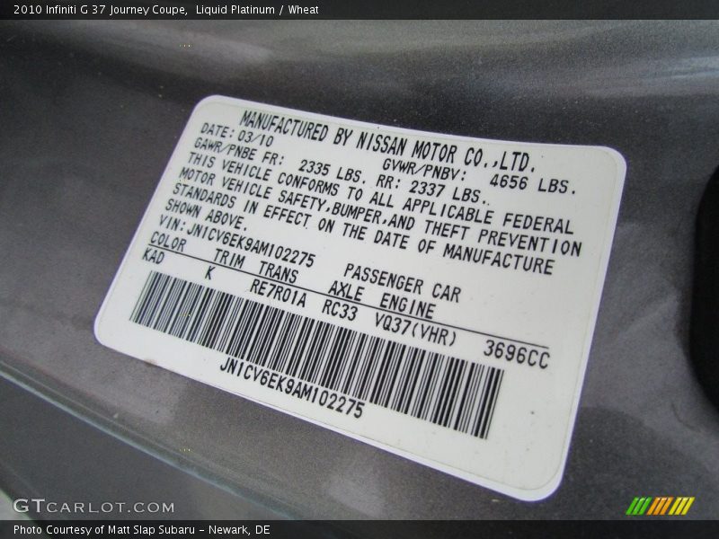 Liquid Platinum / Wheat 2010 Infiniti G 37 Journey Coupe