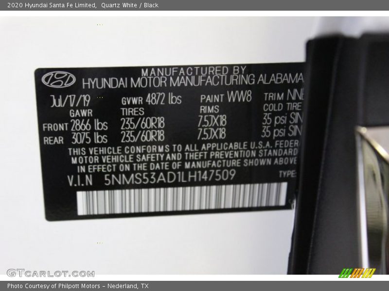 2020 Santa Fe Limited Quartz White Color Code WW8