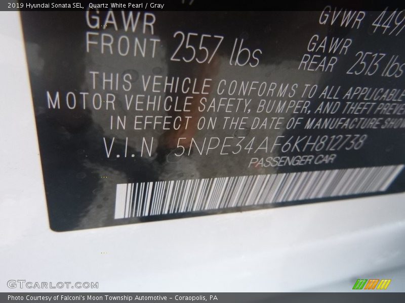 Quartz White Pearl / Gray 2019 Hyundai Sonata SEL