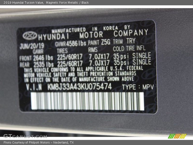 Magnetic Force Metallic / Black 2019 Hyundai Tucson Value