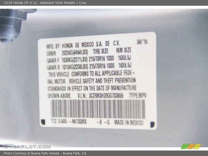 Alabaster Silver Metallic / Gray 2016 Honda CR-V LX
