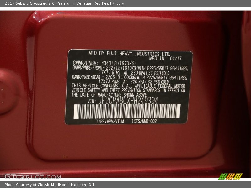 Venetian Red Pearl / Ivory 2017 Subaru Crosstrek 2.0i Premium