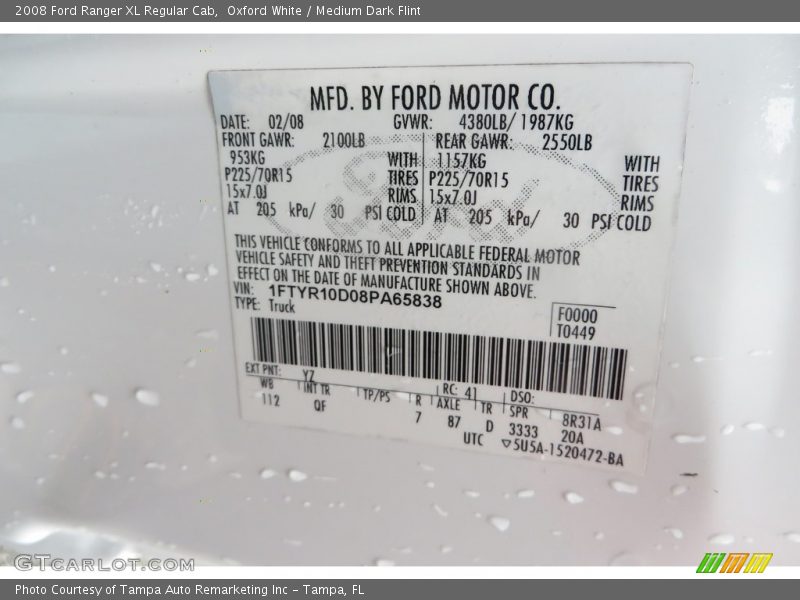 Oxford White / Medium Dark Flint 2008 Ford Ranger XL Regular Cab