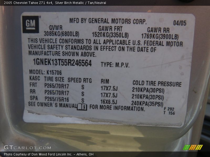 Silver Birch Metallic / Tan/Neutral 2005 Chevrolet Tahoe Z71 4x4