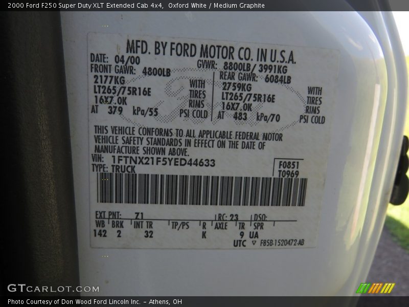 Oxford White / Medium Graphite 2000 Ford F250 Super Duty XLT Extended Cab 4x4