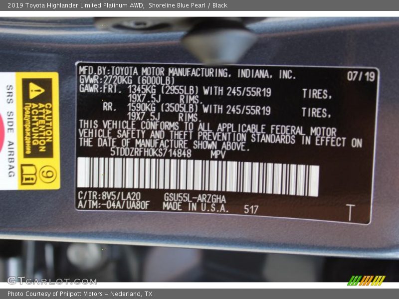 Shoreline Blue Pearl / Black 2019 Toyota Highlander Limited Platinum AWD